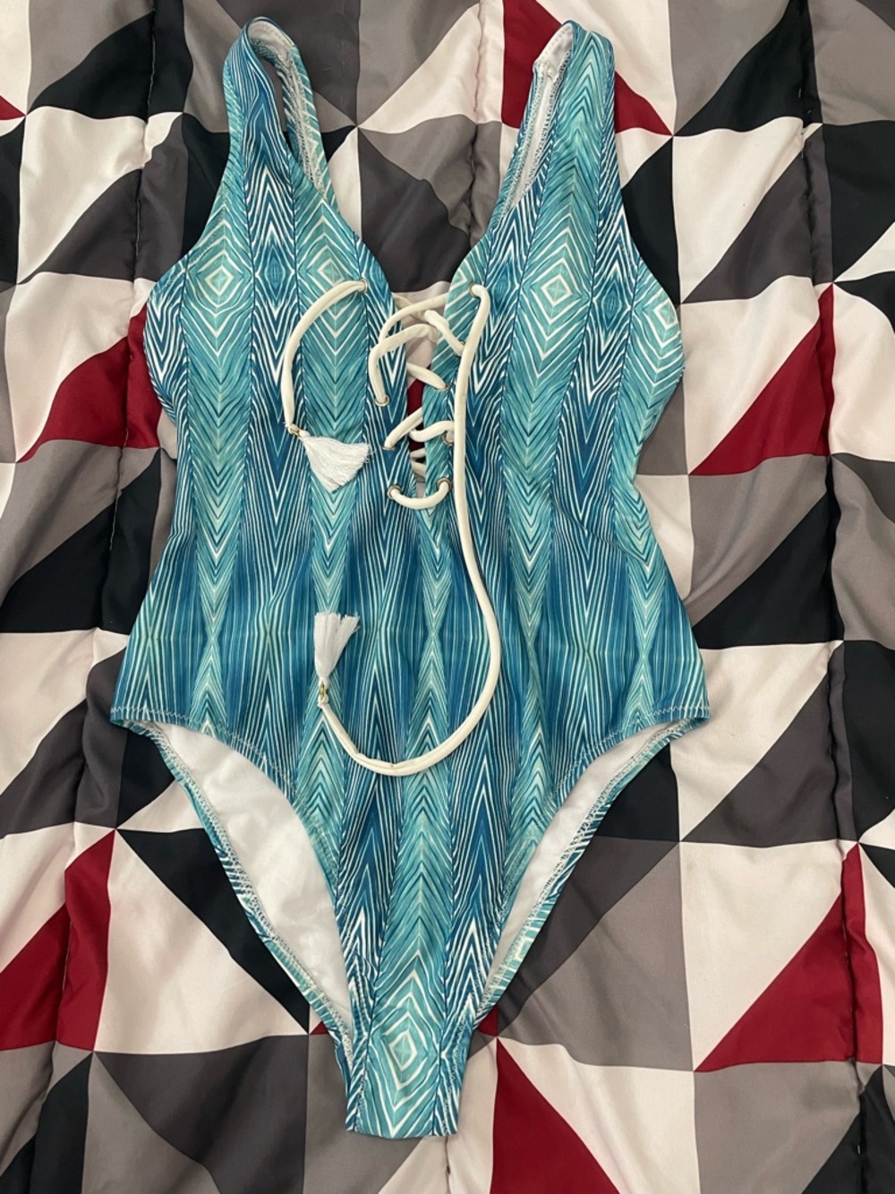 Billabong Teal Chevron Lace-Up One-Piece Swimsuit